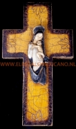Houten kruis Maria met Jezus 47x24x4,5cm. geel